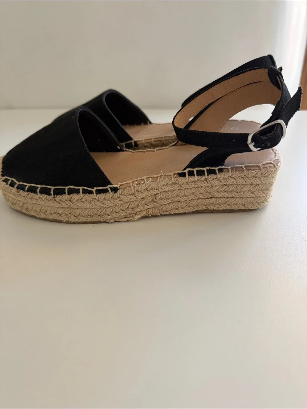 Soda Black Canvas Ankle-Strap Espadrilles with Jute Trim